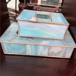 Turquoise Stained Glass Trinket Boxes - Set of 2
